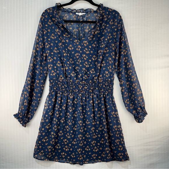 Socialite Long-Sleeve Ditsy Mini Floral Dress Women’s Size Medium Navy Blue Tan - Picture 1 of 9